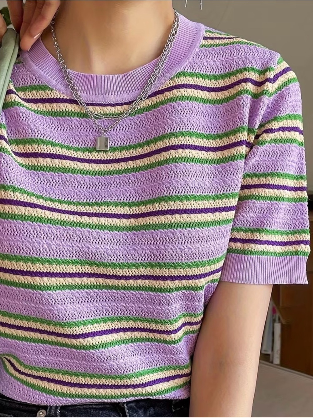 Made in Korea Lilac Striped Short Sleeve Knit Top